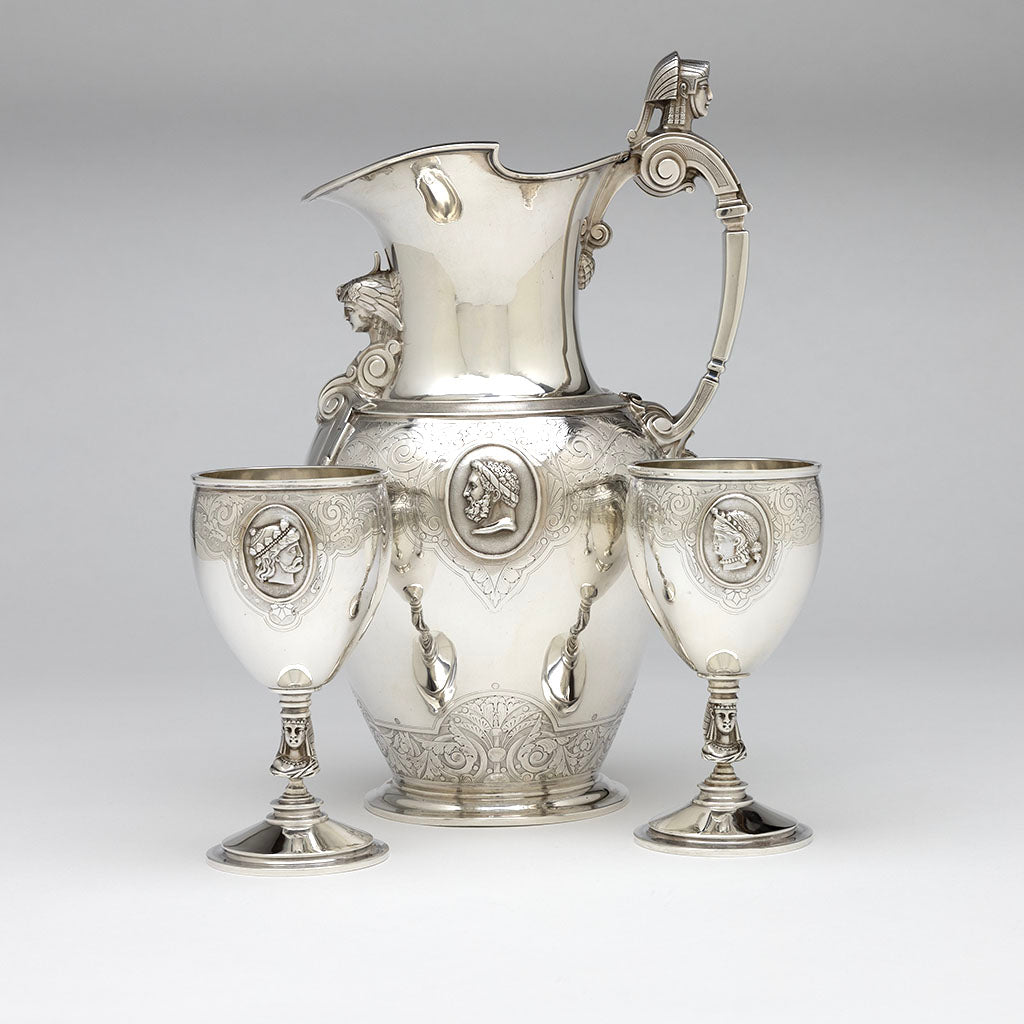 Gale, Dominick & Haff Antique Sterling Silver Medallion Pitcher and Goblets Set, NYC, NY, 1870-72