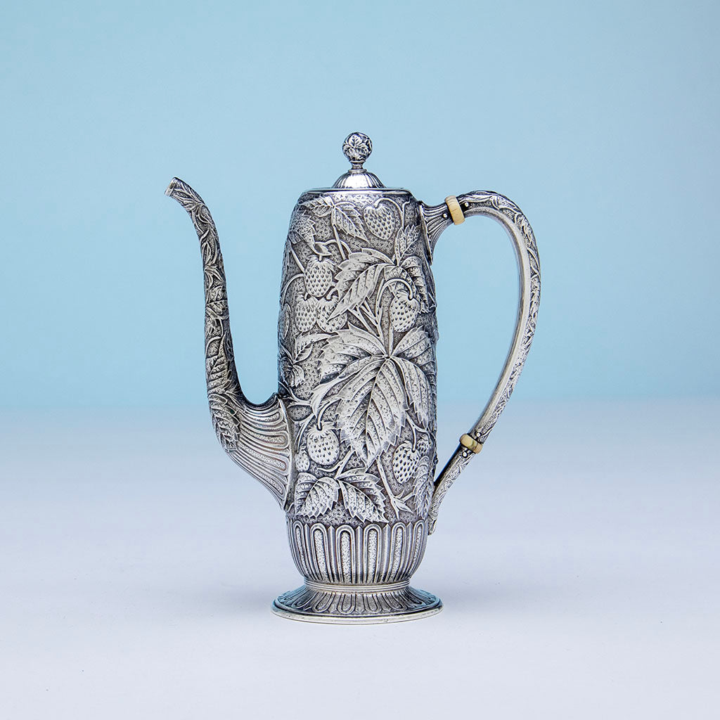 Dominick & Haff Aesthetic Movement Sterling 'Strawberry' Black Coffee Pot, NYC, NY, 1884