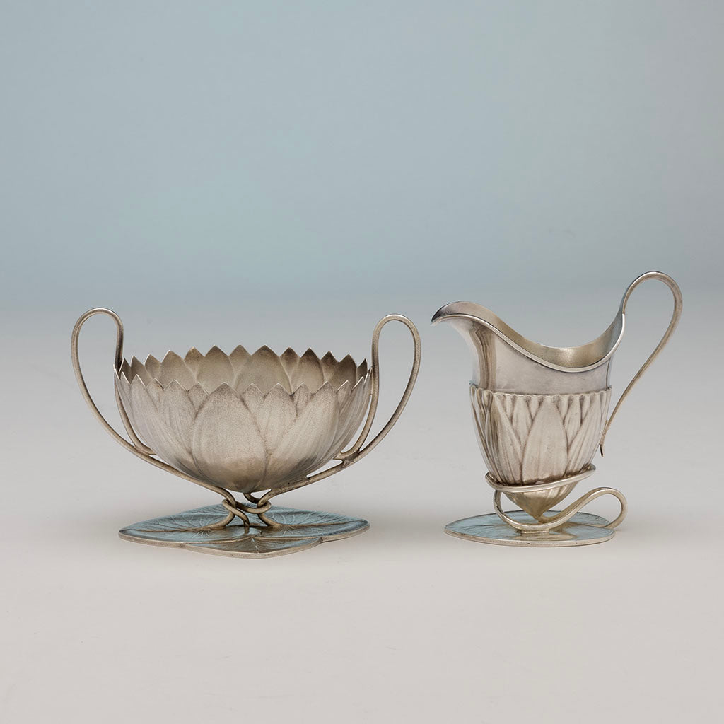 Whiting Antique Sterling Silver Lily Pad Creamer & Sugar, NYC, NY, c. 1880