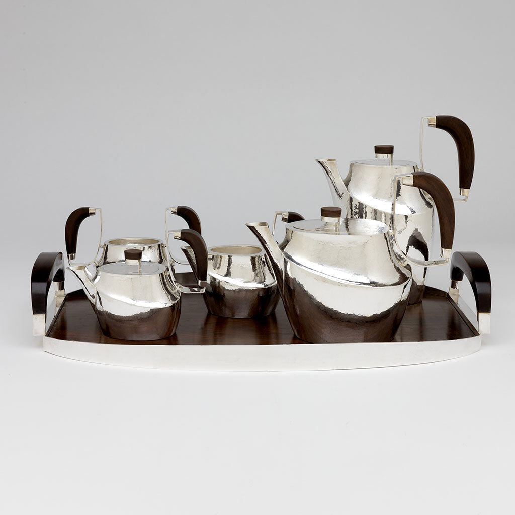 William Frederick Mid-century Modern Sterling & Rosewood Coffee and Tea Service with Original Tray, Chicago, IL, c. 1960s