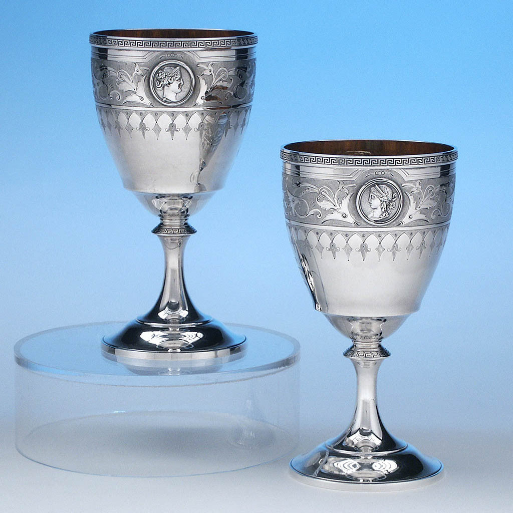 Pair of Gorham Antique Coin Silver 'Medallion' Pattern Goblets, Providence, RI, c. 1861-8