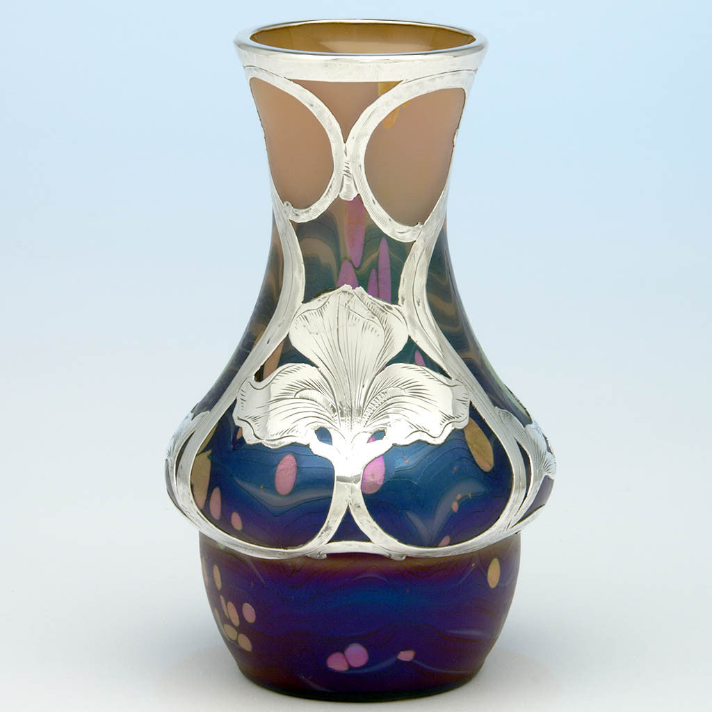 Loetz Glass (attributed) with Alvin Silver Overlay Vase, c. 1900
