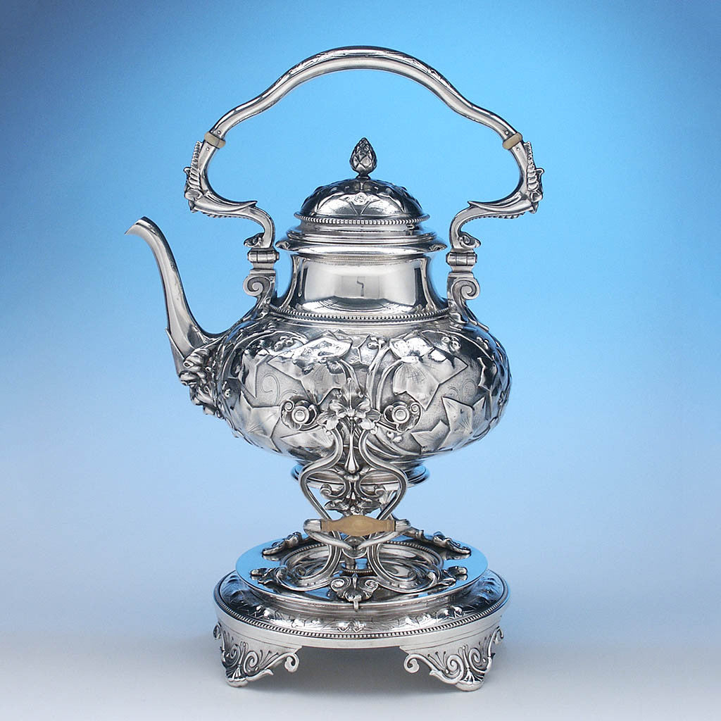 Tiffany & Co 'Ivy Chased' Antique Sterling Silver Hot Water Kettle on Stand by John Chandler Moore, NYC, early 1860's