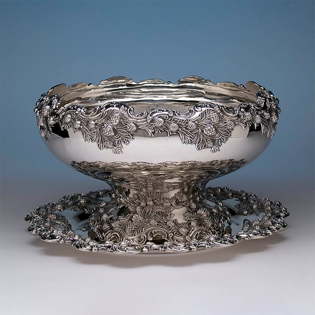Mauser Manufacturing Company Sterling Silver Aesthetic Movement Punch Bowl with Stand, c. 1898