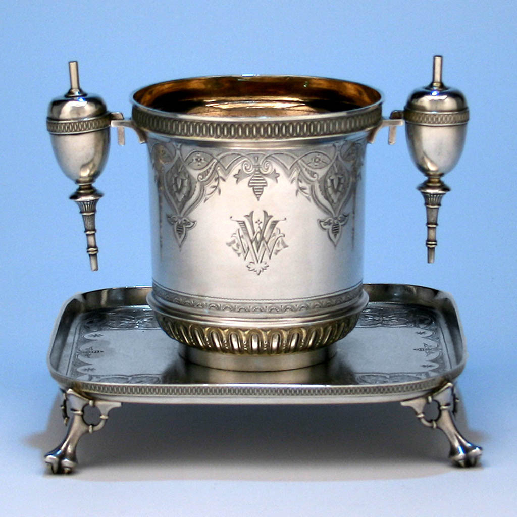 Tiffany & Co./ Edward C. Moore Antique Sterling Silver Cigar Vase, Stand and Lighters in the Persian Taste, New York City, 1873-75
