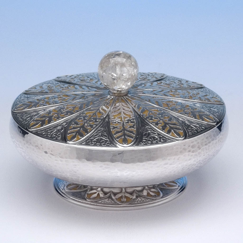Rebecca Cauman Rare and Important Sterling Silver, Enamel and Crackled Rock Crystal Covered Bowl or Box, Boston, c. 1927, exhibited at the Boston Society of Arts & Crafts Tricennial Exhibition held at the Museum of Fine Arts, Boston, March 1 - 20, 1927