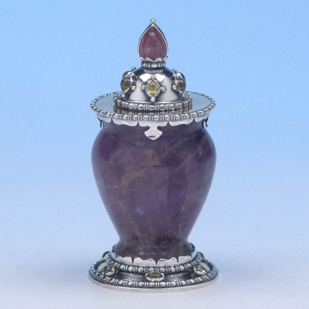 William E. Brigham (documented) Rare and Important American Arts & Crafts Amethyst and Sterling Silver Covered Urn set with semiprecious stones, Providence, RI, c. 1927, exhibited at the Boston Society of Arts & Crafts Tricennial Exhibition held at the Museum of Fine Arts, Boston, March 1 - 20, 1927