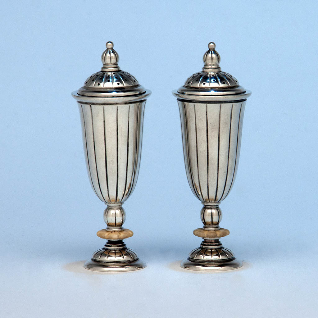 Erik Magnussen Designed for Gorham Pair of Art Deco Sterling Silver and Ivory Salt & Pepper Shakers, Sample Code F/YW, Providence, 1926