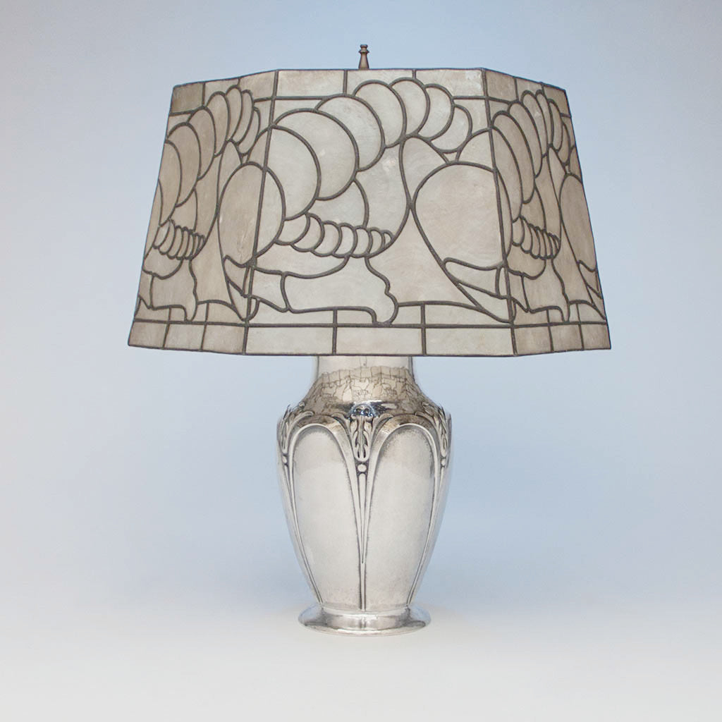 Clemens Friedell Arts & Crafts Sterling Silver and Oyster Shell Lamp, Pasadena, CA, c. 1920