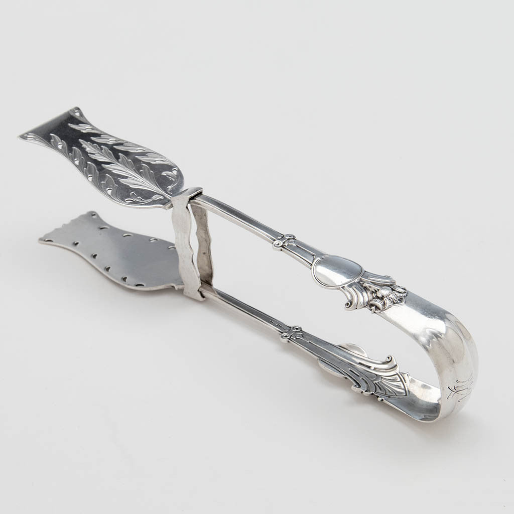 John Wendt "Ram's Head" Antique Sterling Silver Asparagus Tongs, New York City, c. 1870's