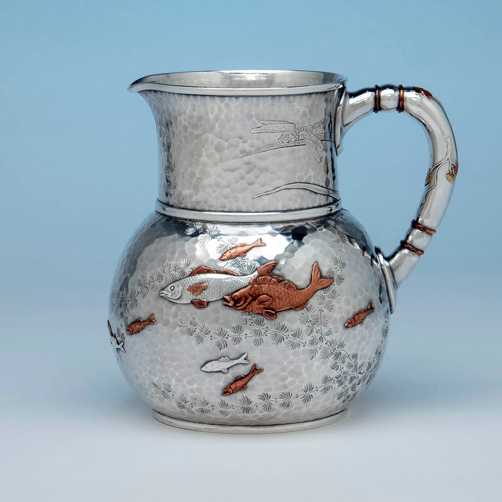 Tiffany & Co Antique Sterling Silver Aesthetic Movement Mixed Metal Water Pitcher in the Japanese Taste, c. 1878