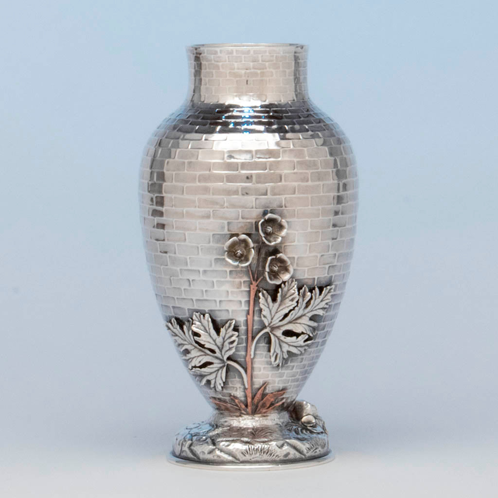 Whiting Antique Sterling Silver and Mixed Metal Aesthetic Movement Vase, New York, c. 1882