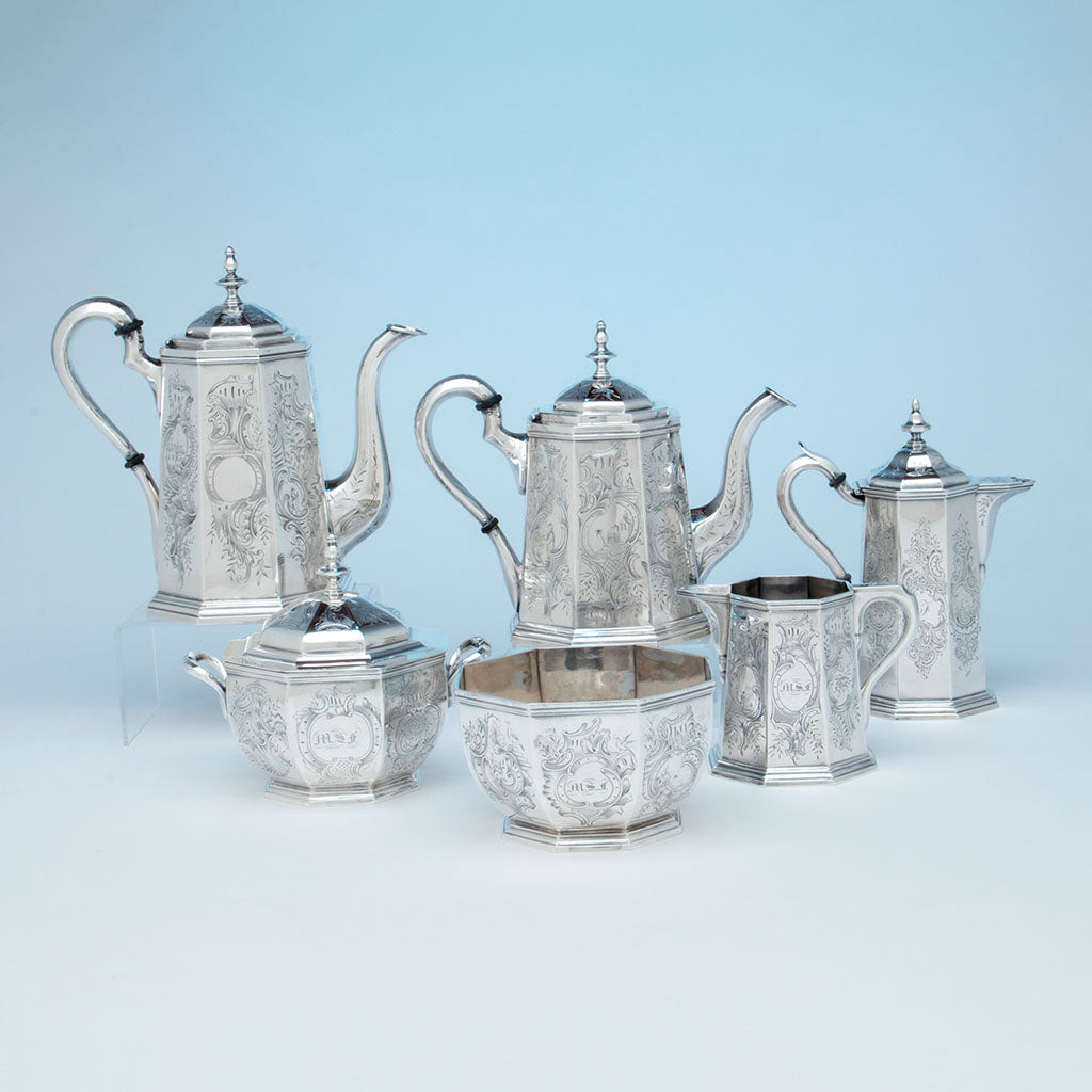 Rich, Obadiah (attr.) 6-piece Antique Coin Silver Coffee and Tea Service, retailed by Lows, Ball & Company, Boston, c. 1840's