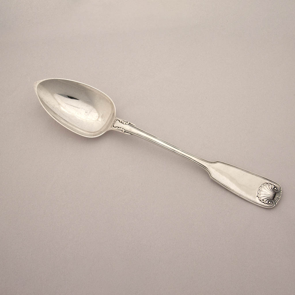 Thomas Fletcher Fiddle, Shell and Thread Pattern Coin Silver Platter Spoon, Philadelphia, PA, c. 1835