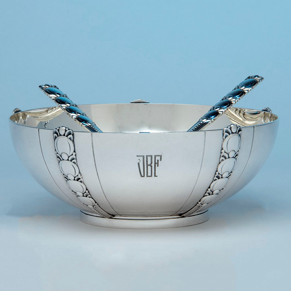 Tiffany Sterling Art Deco Salad Bowl and Servers, Designed for the 1939-40 New York World's Fair, c. 1943
