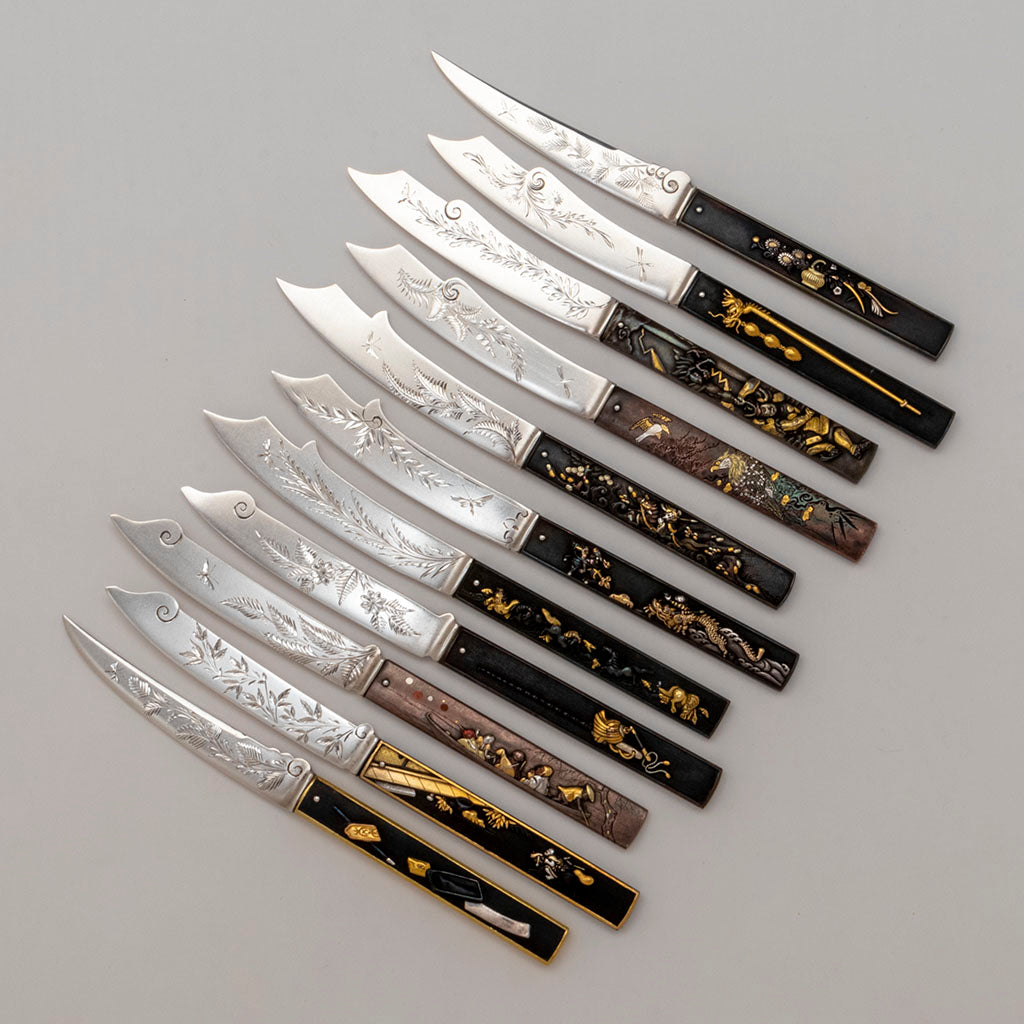 Gorham Antique Mixed Metal Japanesque Dessert Knives with Japanese Handles, set of 11, Providence, RI, 18th & 19th century