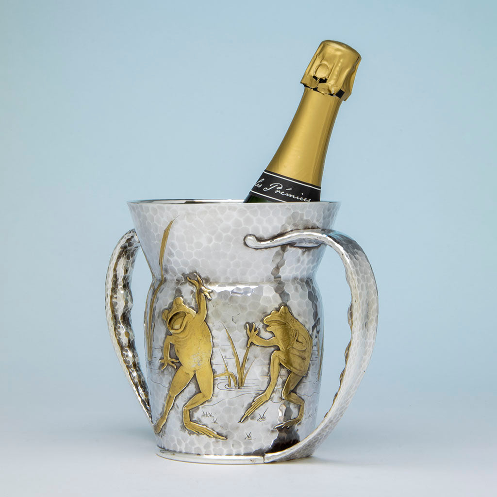 Tiffany & Co. Antique Sterling Silver Reveling Frogs Two-handled Cup, NYC, NY, c. 1880 with champagne