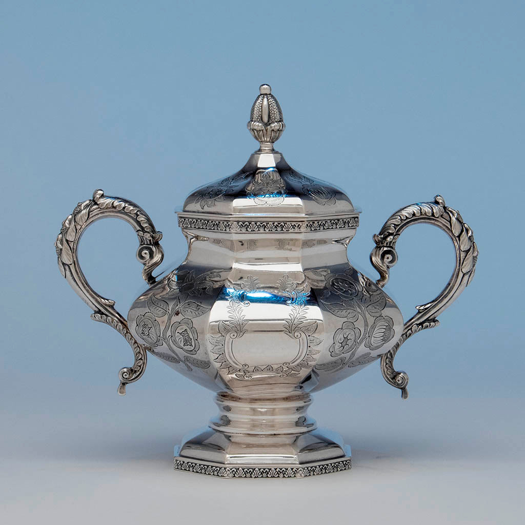 John C. Moore Antique Coin Silver Covered Sugar Bowl, NYC, c. 1840's