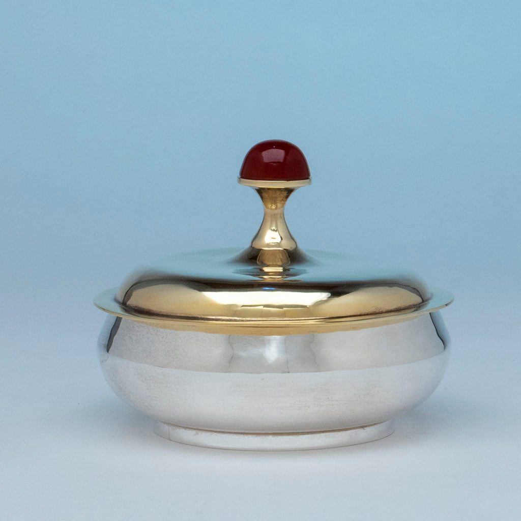 Henry Petzal Modern Sterling Silver Covered Dish with Carnelian Handle, Lenox, MA, 1975