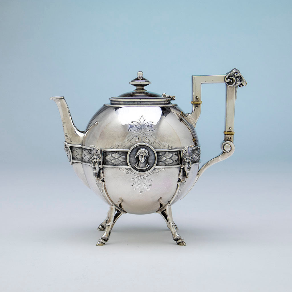 John Wendt 'Medallion' Antique Sterling Silver Tea Pot, NYC, NY, c. 1865