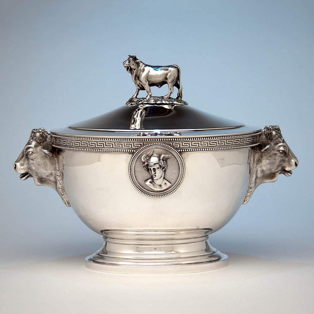 John Wendt (attr.) Antique Sterling Silver Figural Medallion Tureen, retailed by Ball, Black & Co, New York City, c. 1865