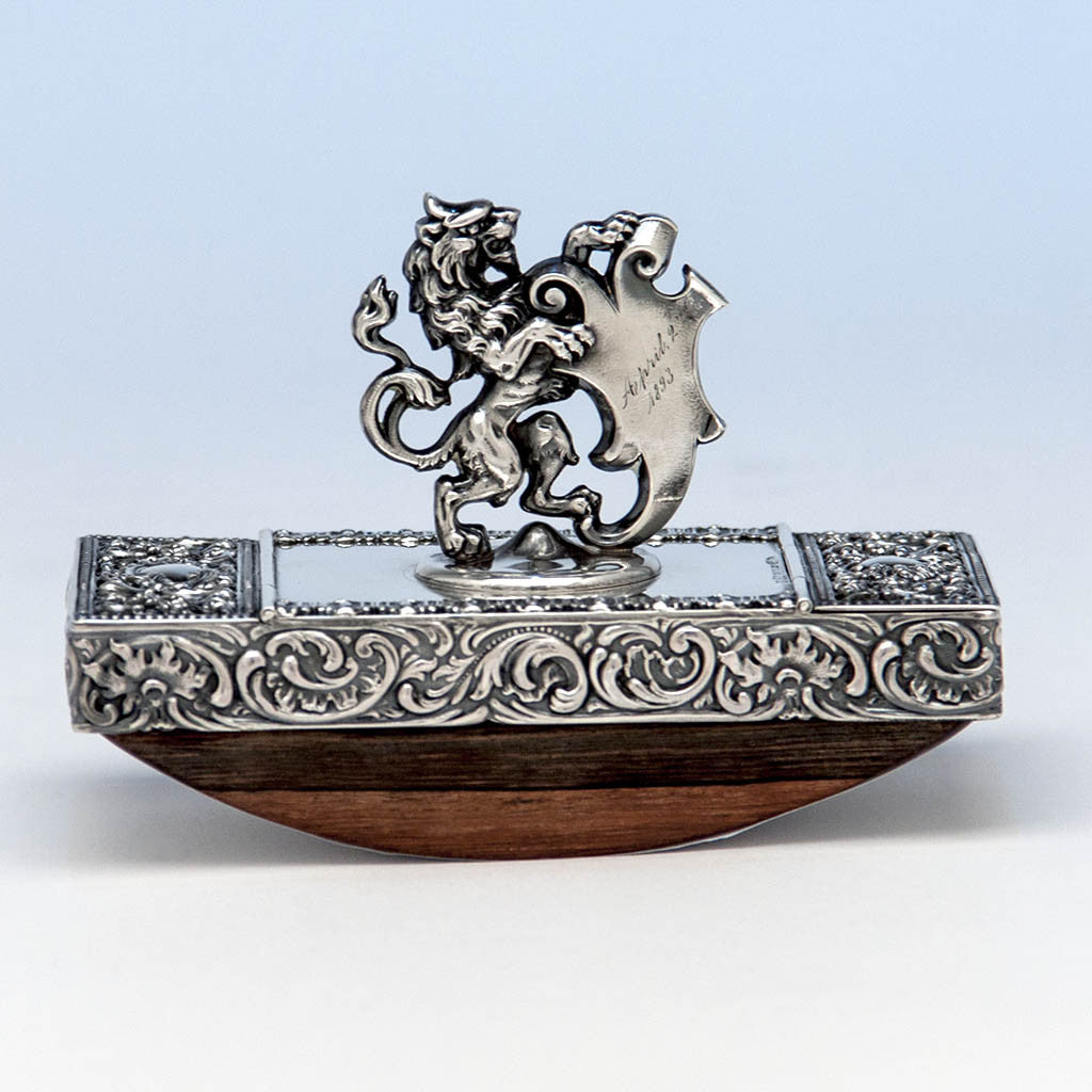 Shiebler Antique Sterling Silver Figural Desk Blotter/ Stamp Box, New York City, 1893