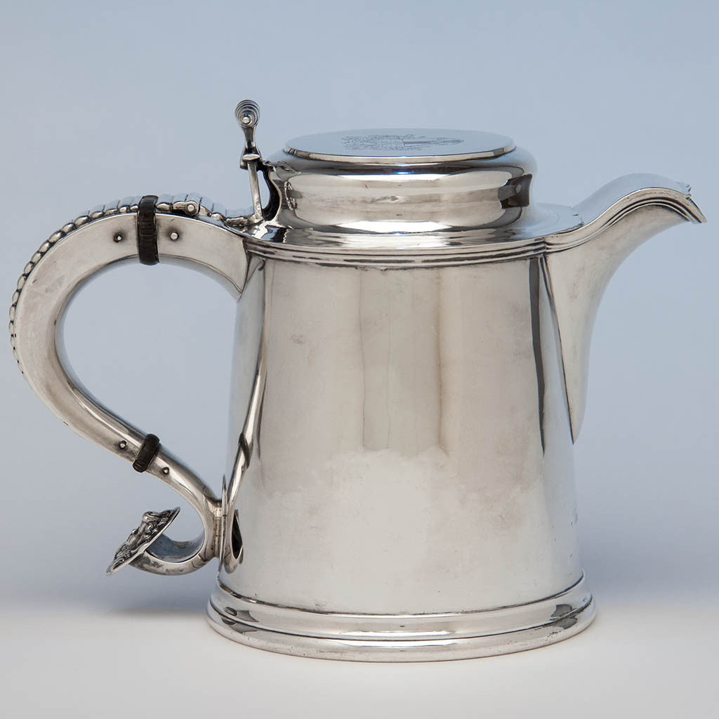 Eoff & Shepard Coin Silver Tankard-form Hot Beverage Jug or Pitcher bearing the Pumpelly family arms, New York City, 1852, retailed by Ball, Tompkins and Black