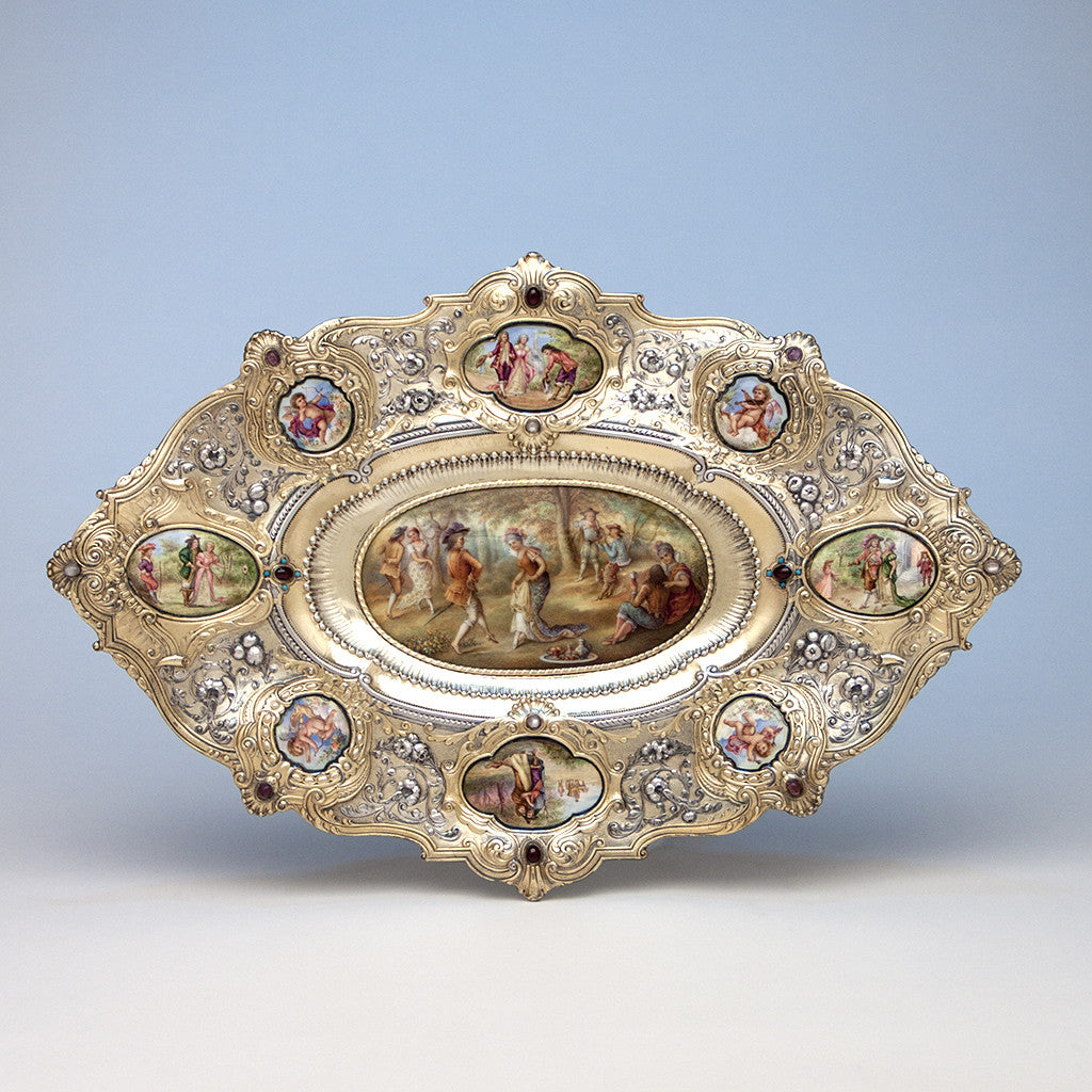 Gorham - The Dancers: Parcel-Gilt, Enameled and Semiprecious Stone Set Antique Sterling Silver Tray, design attributed to William C. Codman, executed for the 1893 World's Columbian Exposition in Chicago, Providence and New York City, c. 1893