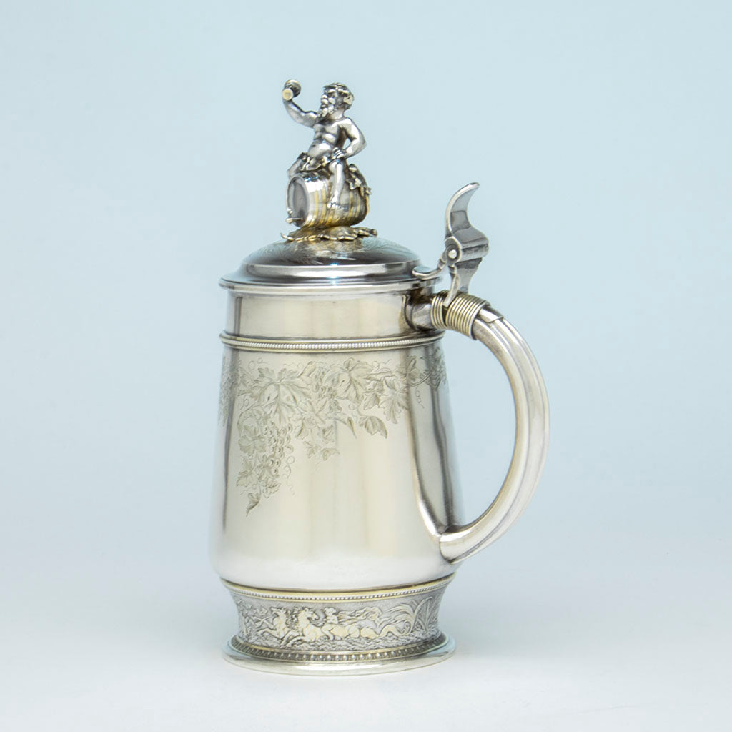 Gorham Antique Sterling Silver Covered Figural Ale/Wine Tankard, Providence, RI, 1873