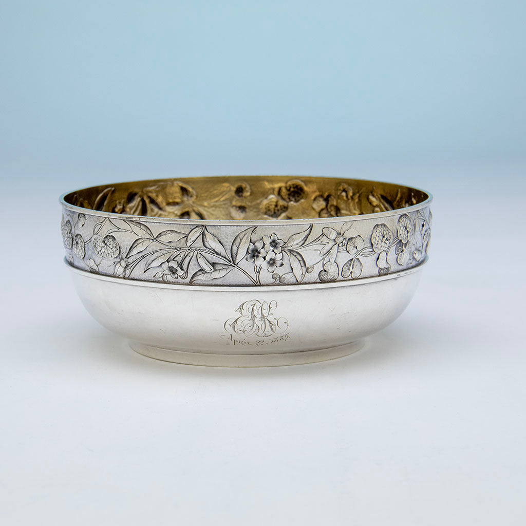 Dominick & Haff (attr.) Antique Sterling Silver Intaglio Chased Aesthetic Movement Bowl, New York City, 1885