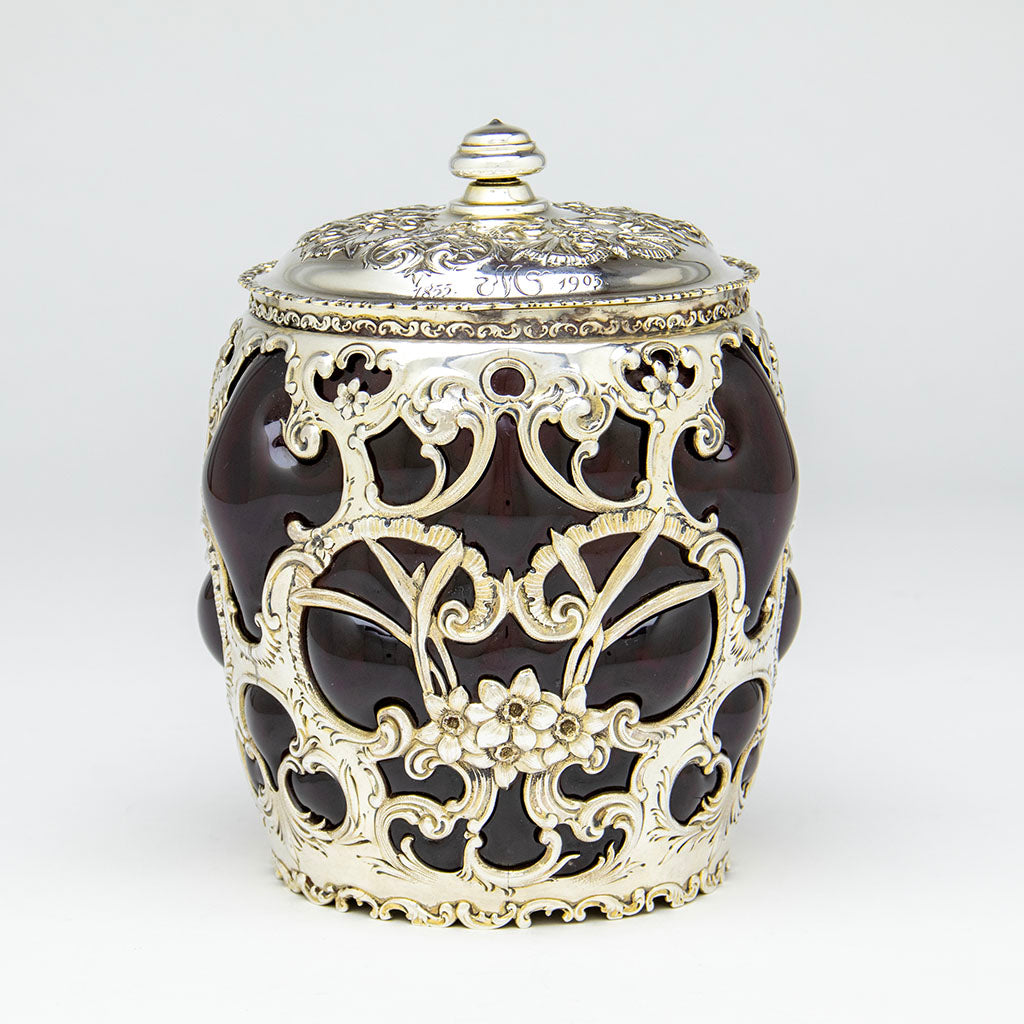 Whiting Antique Sterling Silver and Ruby Glass Cracker Jar, NYC, NY, 1905