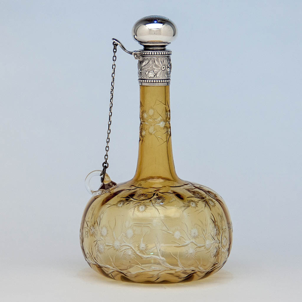 Gorham Sterling and Amber Cut to Clear Glass Claret Jug or Decanter, Providence, RI, 1887, the glass likely by Stevens & Williams of England