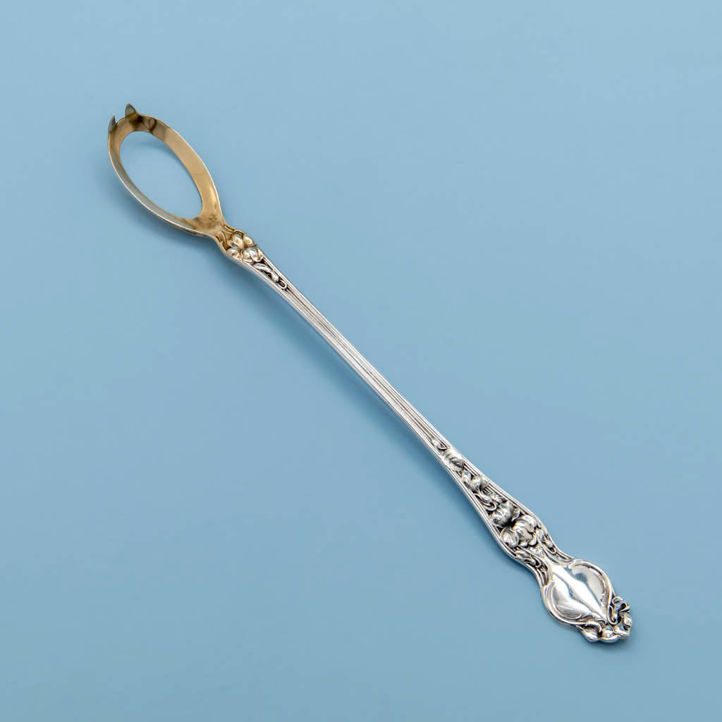 R Wallace & Sons Violet Pattern Antique Sterling Silver Olive Spoon, Wallingford, CT, c. 1910