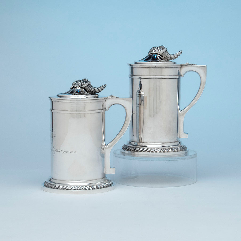 Woodward and Grosjean Two Coin Silver Harvard Presentation Covered Tankards, Boston, 1849