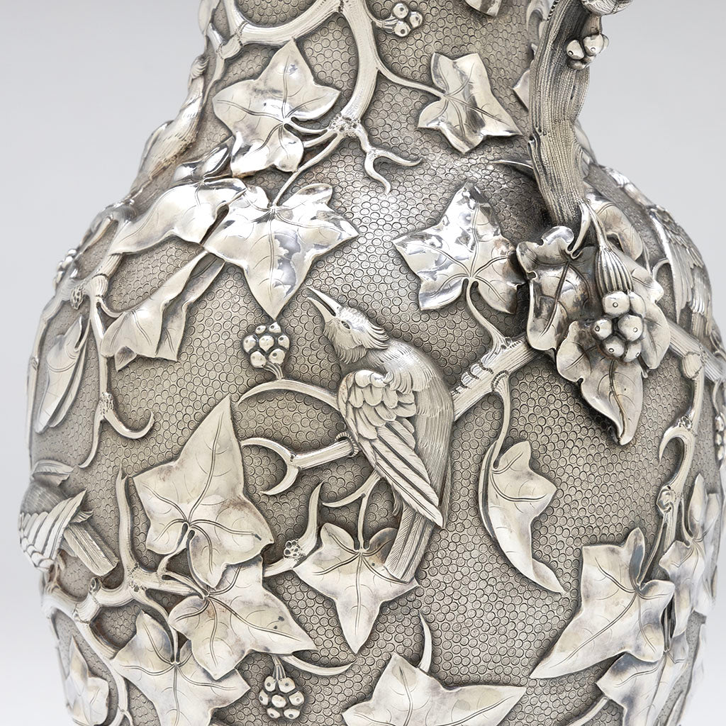 Bird detail on William Bogert for Tiffany &amp; Co Antique Sterling Silver Ewer, New York City, c. 1870