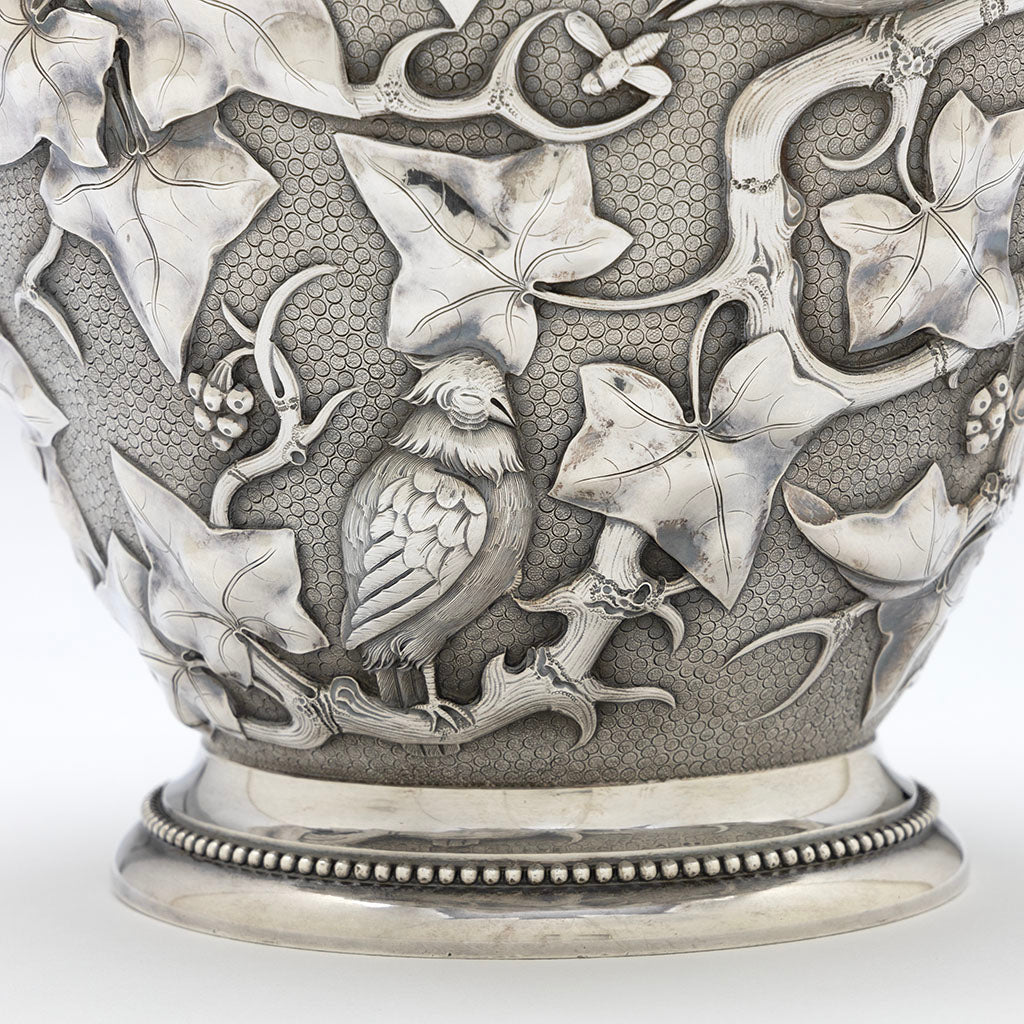 Sleeping bird on William Bogert for Tiffany &amp; Co Antique Sterling Silver Ewer, New York City, c. 1870