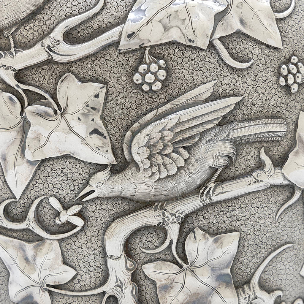 Bird catching bug on William Bogert for Tiffany &amp; Co Antique Sterling Silver Ewer, New York City, c. 1870