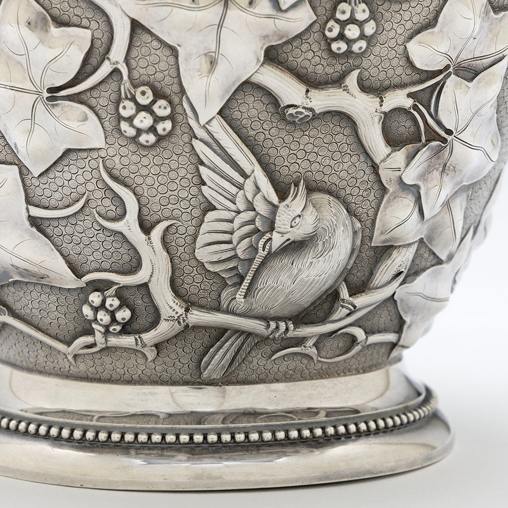 Scratching bird on William Bogert for Tiffany &amp; Co Antique Sterling Silver Ewer, New York City, c. 1870