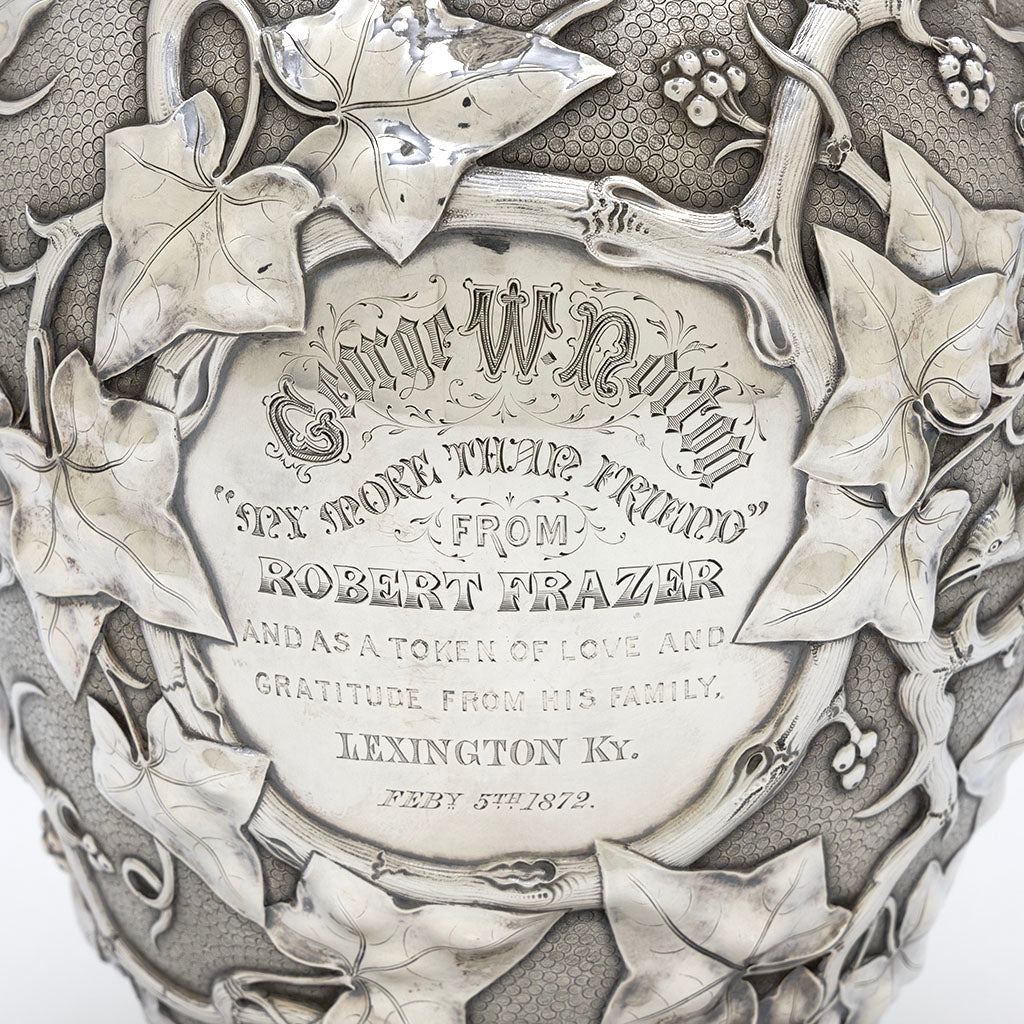 Inscription on William Bogert for Tiffany &amp; Co Antique Sterling Silver Ewer, New York City, c. 1870