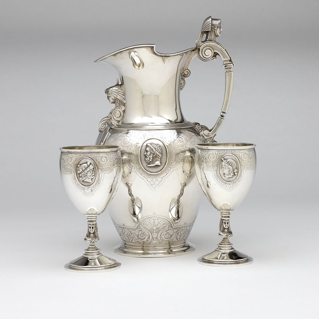 Gale, Dominick &amp; Haff Antique Sterling Silver Medallion Pitcher and Goblets Set, NYC, NY, 1870-72