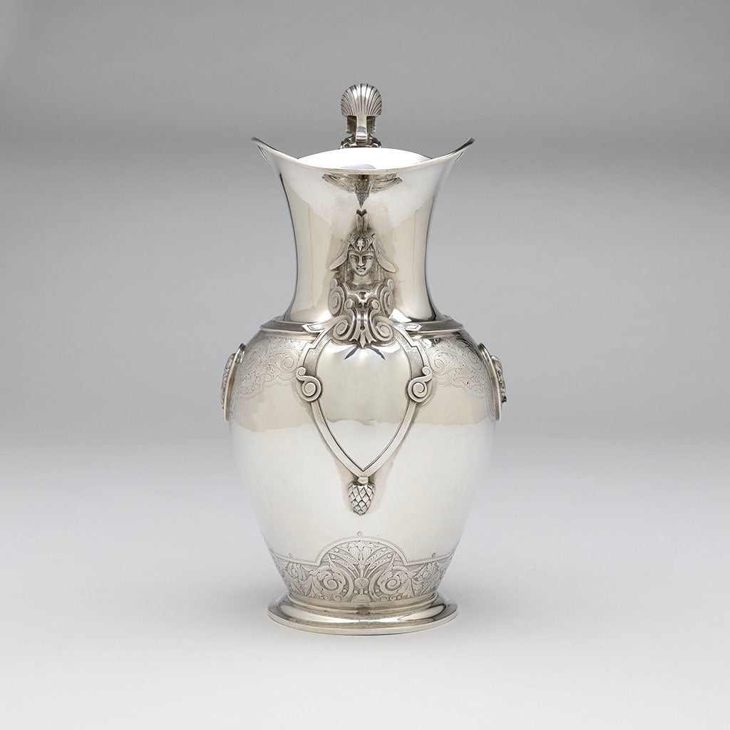 Front of Gale, Dominick &amp; Haff Antique Sterling Silver Medallion Pitcher and Goblets Set, NYC, NY, 1870-72