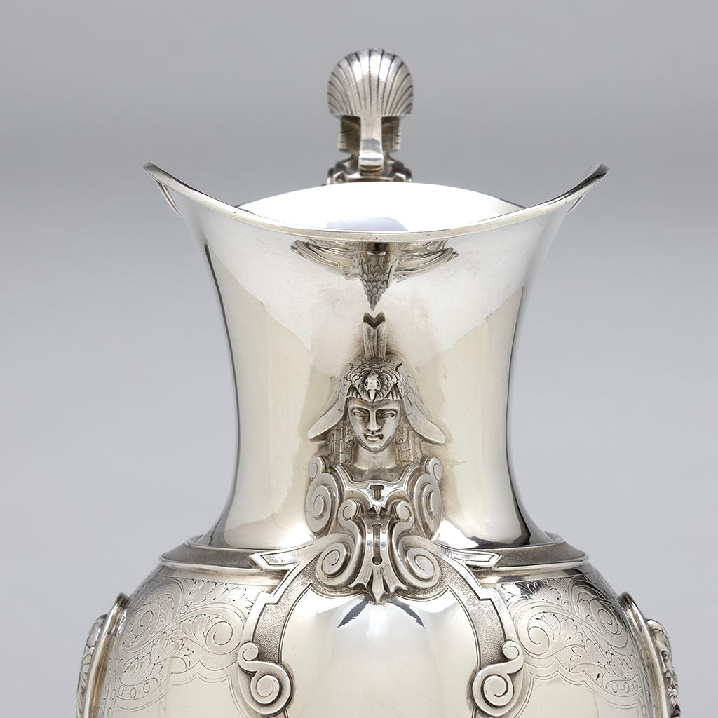 Front detail of Gale, Dominick &amp; Haff Antique Sterling Silver Medallion Pitcher and Goblets Set, NYC, NY, 1870-72