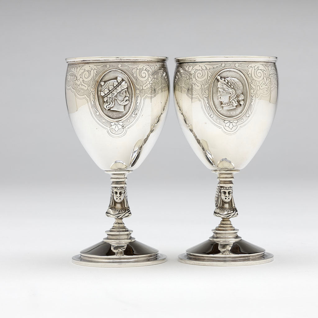 Goblets to Gale, Dominick &amp; Haff Antique Sterling Silver Medallion Pitcher and Goblets Set, NYC, NY, 1870-72
