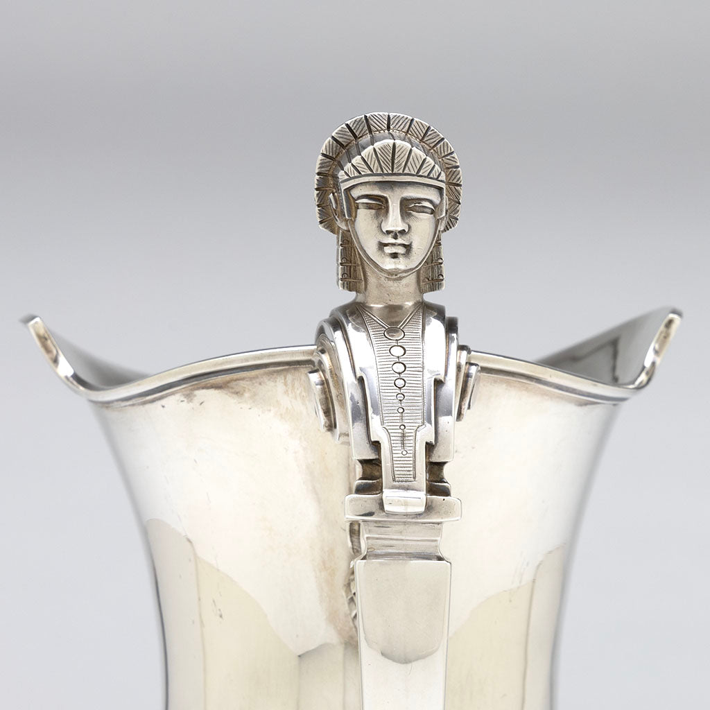 Figure on Gale, Dominick &amp; Haff Antique Sterling Silver Medallion Pitcher and Goblets Set, NYC, NY, 1870-72