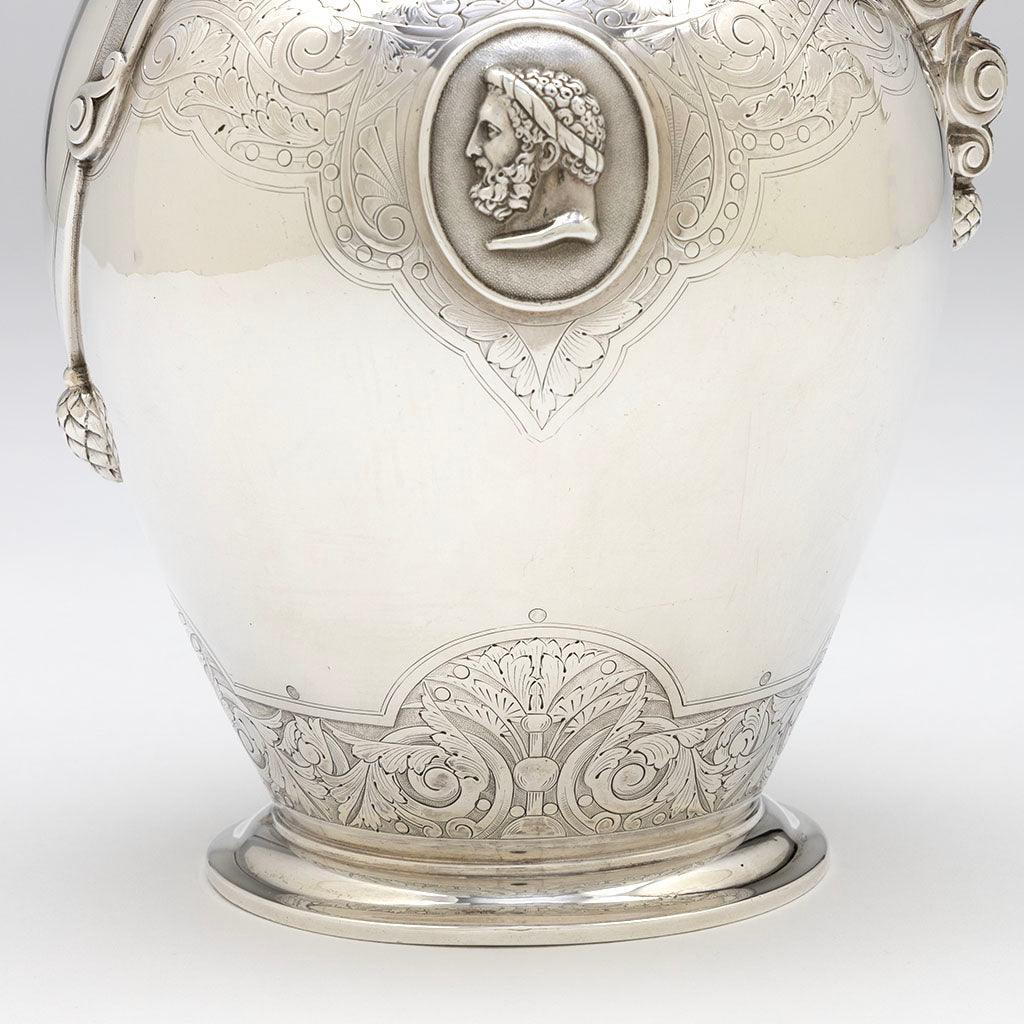 Chasing details on Gale, Dominick &amp; Haff Antique Sterling Silver Medallion Pitcher and Goblets Set, NYC, NY, 1870-72