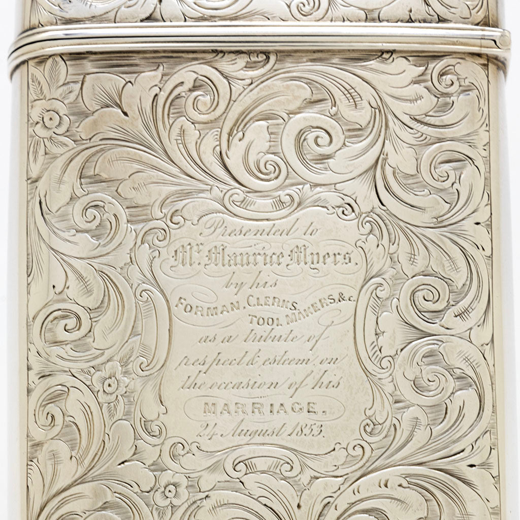 Inscription on Hilliard &amp; Thomason English Sterling Silver Presentation Cigar Case, Birmingham, 1852/53