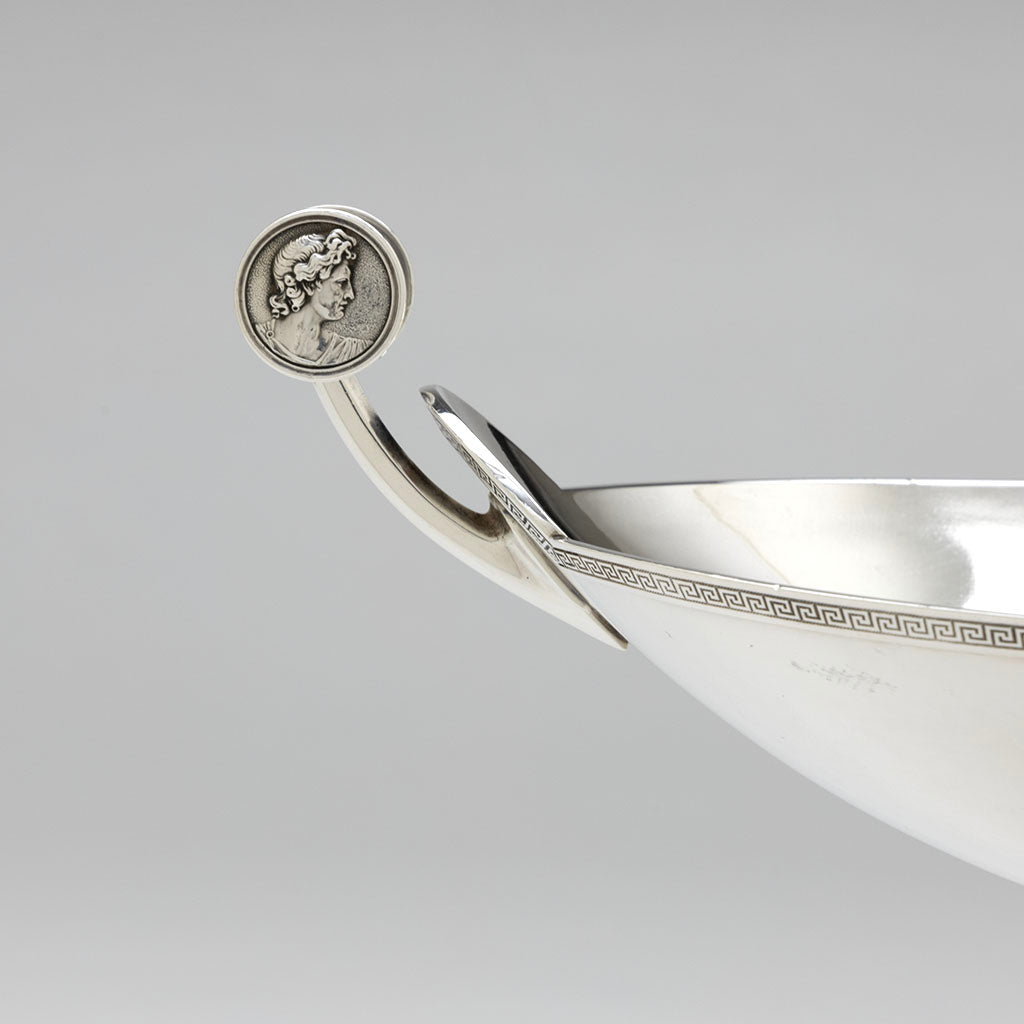 Handle detail of Gorham Manufacturing Company Coin Silver Medallion Centerpiece Bowl, retailed by Tiffany &amp; Co., c. 1865