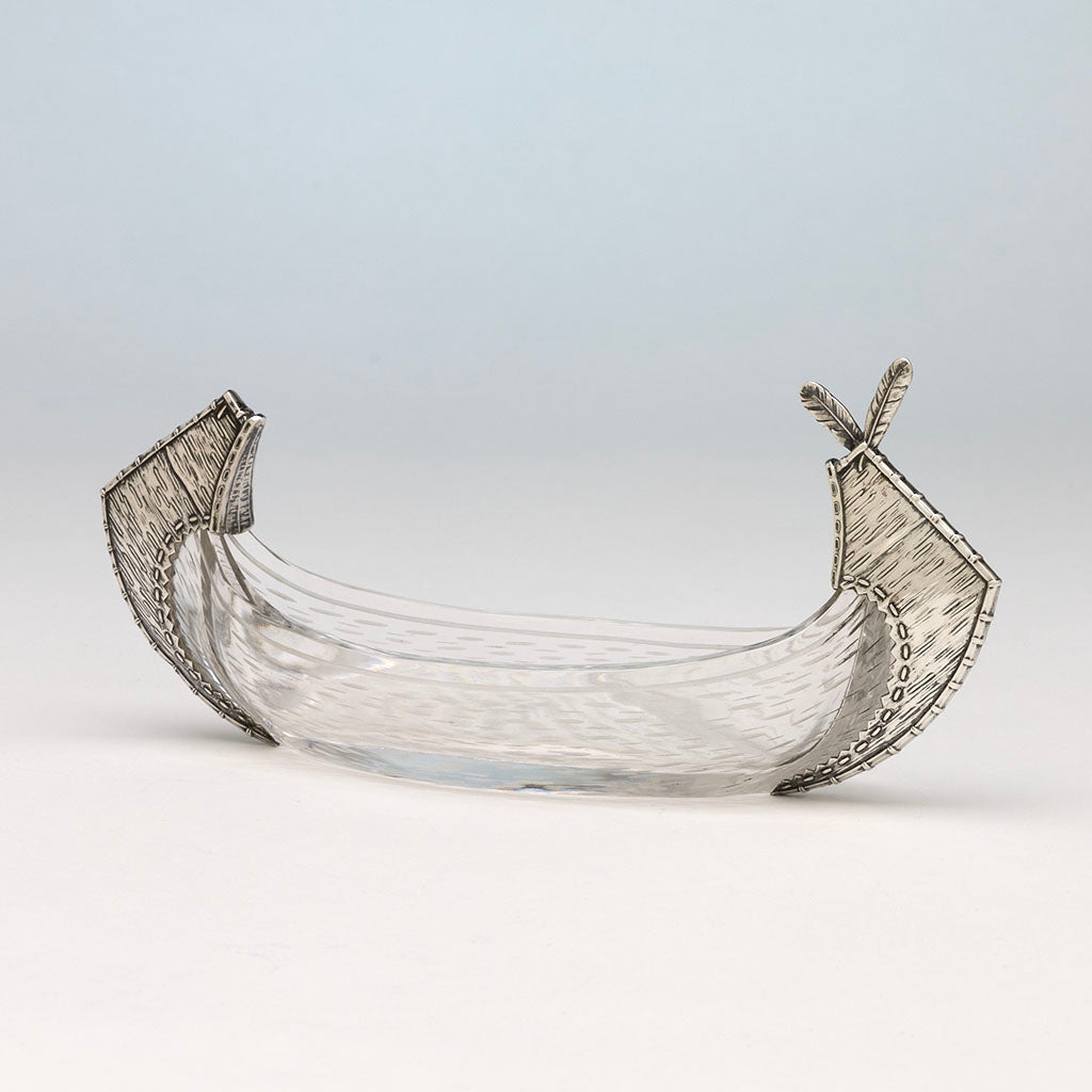 American Aesthetic Movement Sterling and Glass Canoe Form Olive Dish, c. 1880s