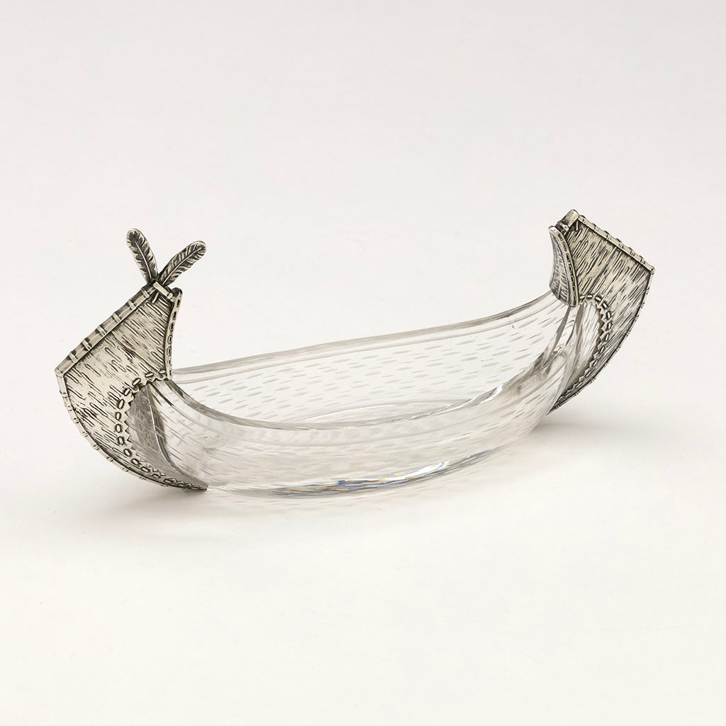 Angled American Aesthetic Movement Sterling and Glass Canoe Form Olive Dish, c. 1880s