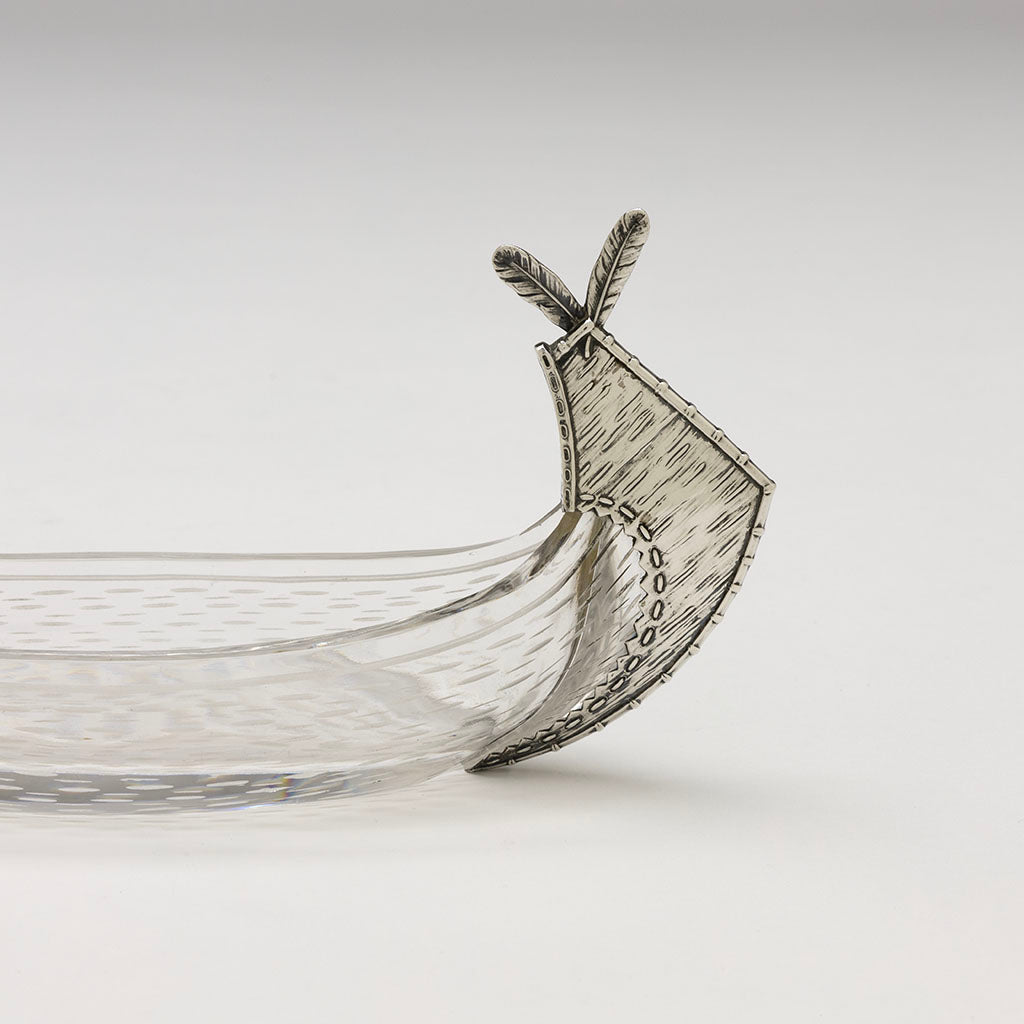 Silver detail of American Aesthetic Movement Sterling and Glass Canoe Form Olive Dish, c. 1880s
